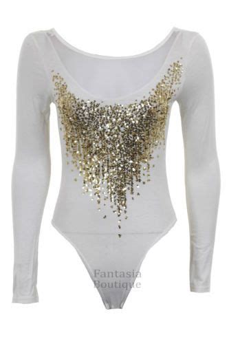 Details About Ladies Long Sleeve Gold Sequin Mesh Insert Low Back