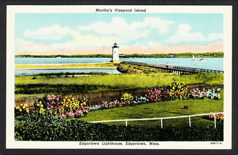 Edgartown Ma Lighthouse On Marthas Vineyard Island 1950s Linen