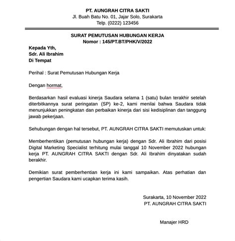 Contoh Surat Pemberhentian Pekerja Contoh Surat Pemutusan Hubungan | My
