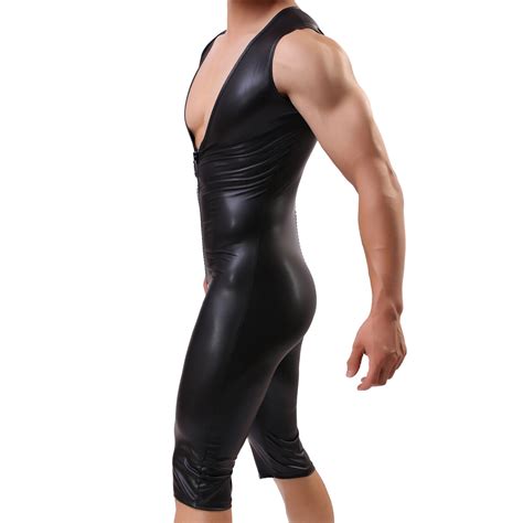 hot men s synthetic leather jumpsuit zipper catsuit sleeveless bodysuit clubwear ebay