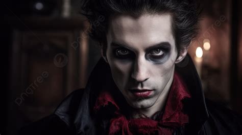 Vampire Young Man With Red Dress And Black Eye Makeup Background