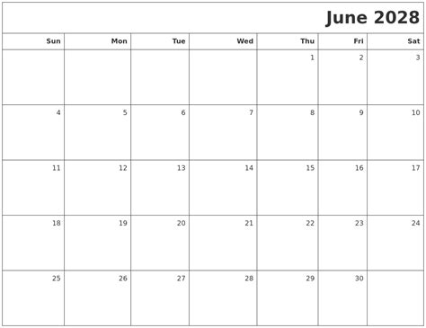 June 2028 Printable Blank Calendar