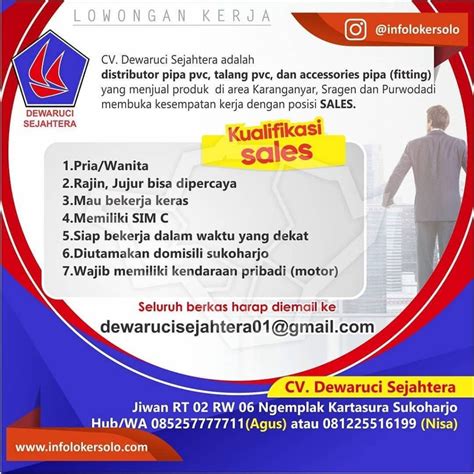 Dimulai dari kota besar bicara gaji bicara pekerjaan yang sobat nyonyor.com ingin cari. Lowongan Kerja Sales CV Dewaruci Sejahtera Terbaru di Solo - INFO LOKER SOLO