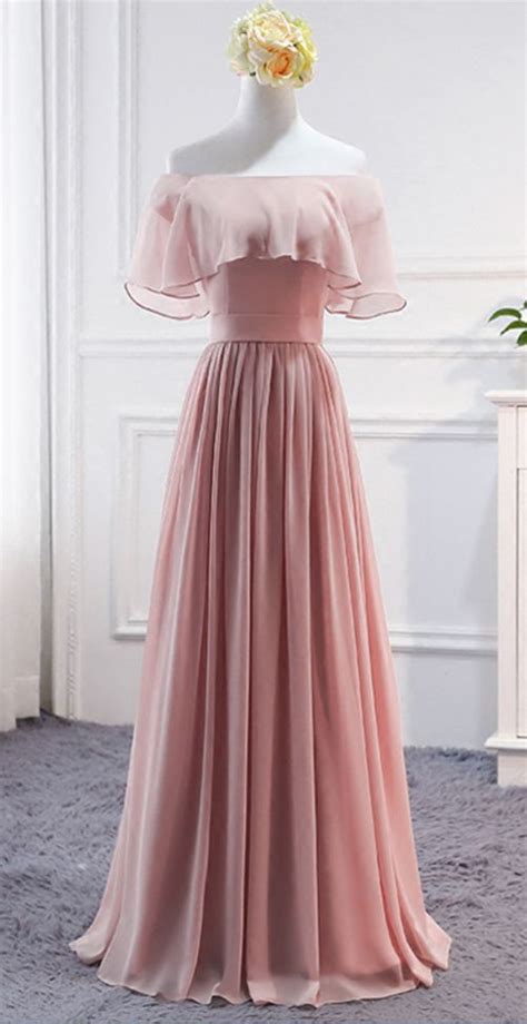 Pink Long Chiffon Wedding Party Dresses Cute Formal Dress Chiffon