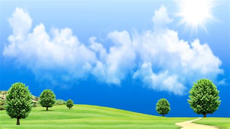 Trees Sky Clouds Sun Grass Field Road Coolwallpapers Me