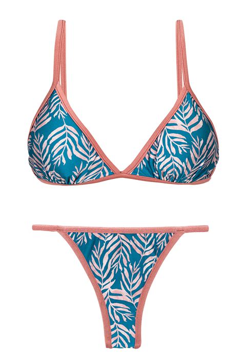 Blue Brazilian Bikini With Thin Sides And Leaves Pattern Set Palms