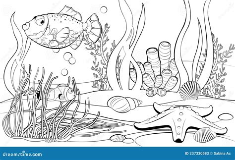 Underwater Scene with Cute Tropical Fish and Coral Reef. Printable