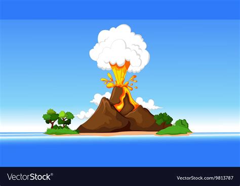 Volcanic eruption lava flowing down the mountain volcano with dust. Volcanic eruption cartoon Royalty Free Vector Image