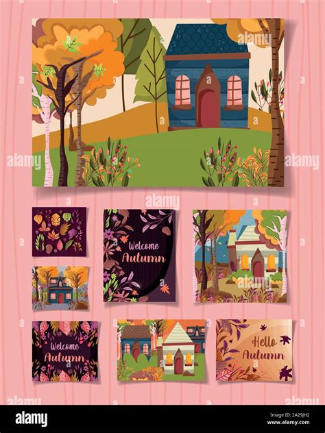 Welcome Autumn Leaves Season Collection Cards Vector Illustration Stock