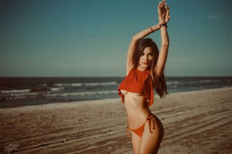 Wallpaper Sea Beach Sand Women Outdoors Belly Arms Up Underboob