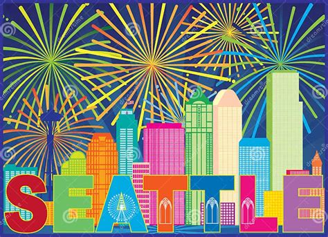 Seattle City Skyline Text Fireworks Color Vector Illustration Stock