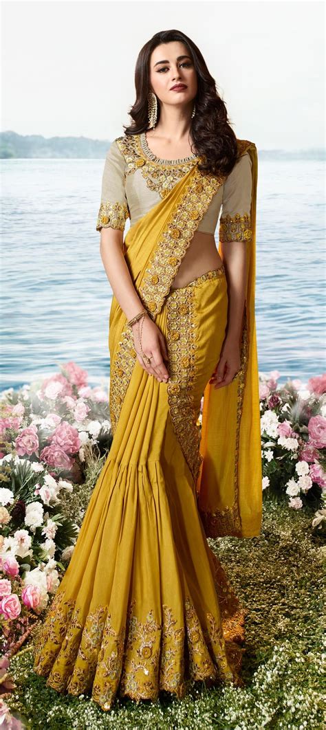 Bollywood Traditional Yellow Color Art Silk Silk Fabric Lehenga Style Sarees 1638400
