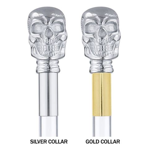 Chrome Plated Skull Handle Walking Cane W Lucite Shaft And Collar
