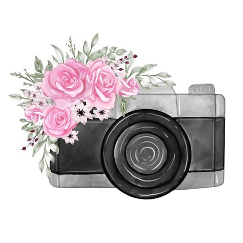 Free Vector Camera With Watercolor Flowers Rose Pink Illustration