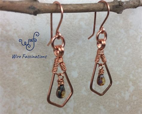 Handmade Copper Earrings Framed Wire Wrapped Dangling Art Glass Drop