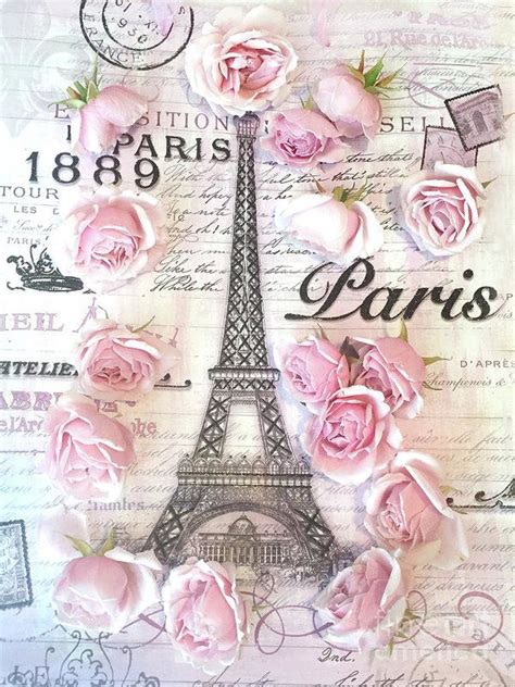 Paris Eiffel Tower Shabby Chic Pink Roses French Script Parisian Prints