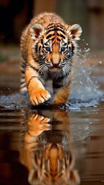 Premium Ai Image Baby Tiger Walks Through The Puddle Reflection