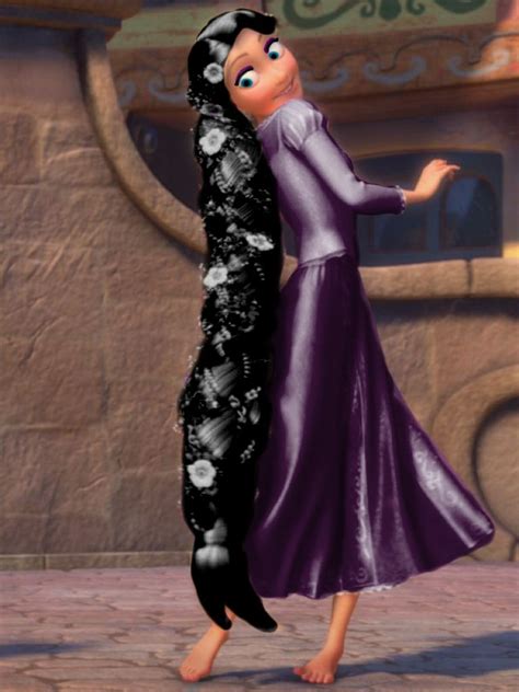 He had a dark spanish moustache. Rapunzel with dark purple dress and black hair and blue ...