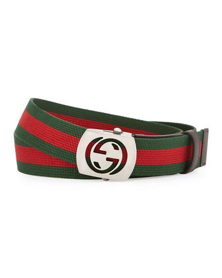 Gucci Canvas Belt With Cutout Buckle In Greenred Modesens Leather