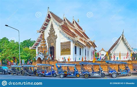 Panorama Of Wat Jedlin With Line Of Parked Tuk Tuks Chiang Mai