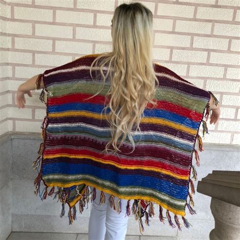 WOOL PONCHO Women Mexican Striped Boho Shawl Hand Knitted Etsy