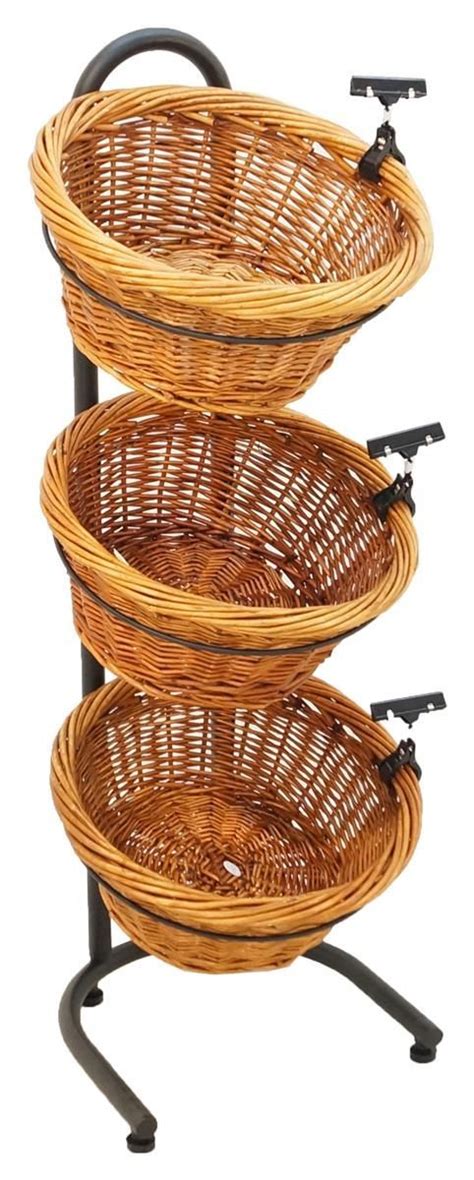 3 Tiered Basket Display Stand Brown Wicker Bins Sign Clips And Header