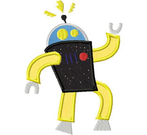 Robot Boogie Design Includes Both Applique And Fill Stitch For Gold