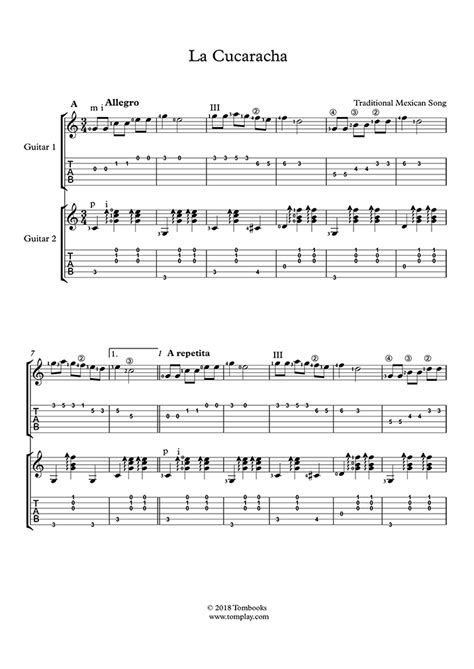 Free Sheet Music Traditional La Cucaracha Guitar Solo With Tabs