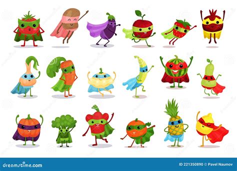 Funny Fruit And Vegetables Wearing Superhero Cloak Vector Illustration Set Stock Vector