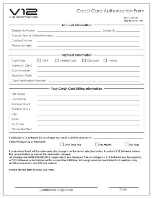 Basic elements of a credit card authorization template. Fillable Online Credit Card Authorization Form - V12 Software Fax Email Print - PDFfiller