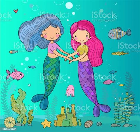 Cute Cartoon Mermaids Siren Sea Theme Vector Illustration Beautiful