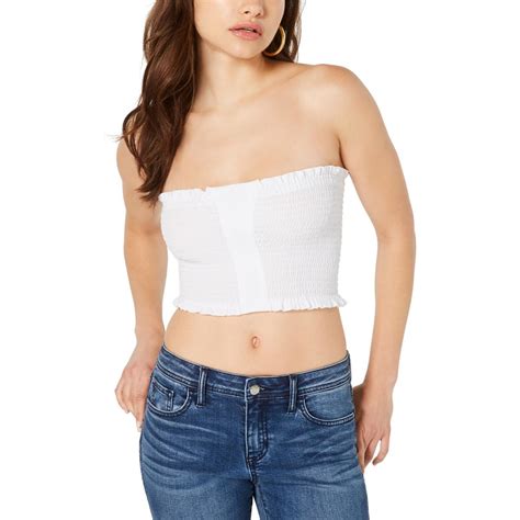 Guess Womens Chica White Smocked Strapless Cropped Tube Top Shirt S
