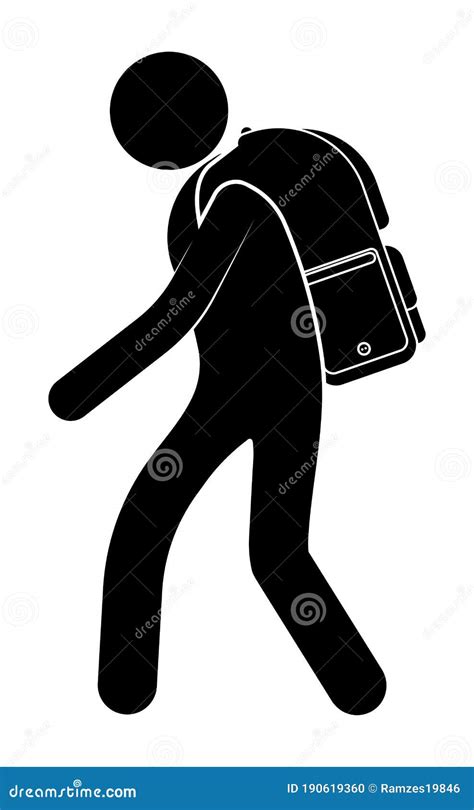 Stick Figure Schoolboy Student Goes With A Heavy Backpack Over His