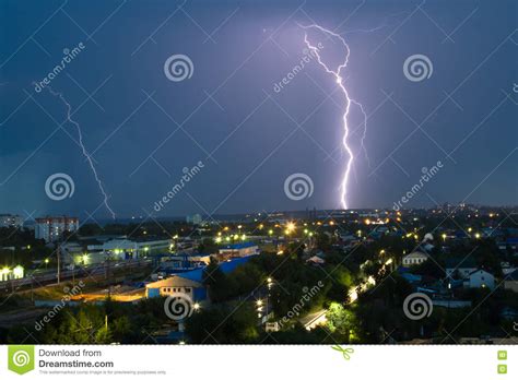 Lightning Storm Over City In Blue Light Stock Photo Image Of Rain