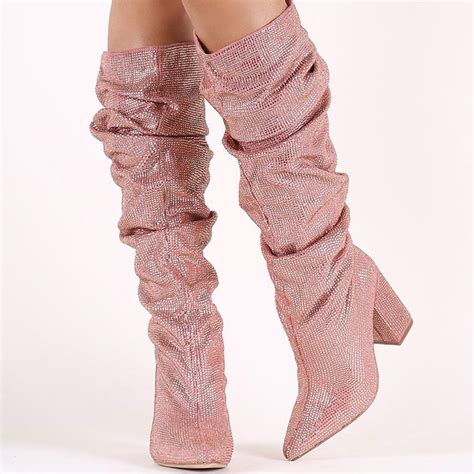 Pink Chunky Heel Knee High Boots😏 High Knee Boots Outfit Womens