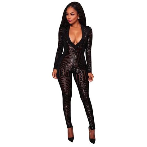 Sexy Sequins Jumpsuit Women Rompers Skinny Long Pants Long Sleeve Party Club Jumpsuits Female