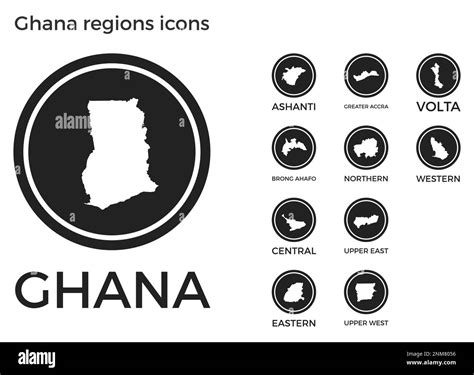 Ghana Regions Icons Black Round Logos With Country Regions Maps And