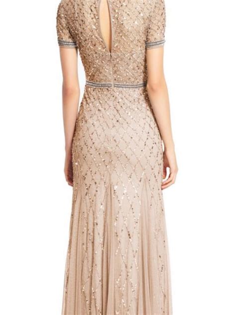 Adrianna Papell Champagne Gold Short Sleeve Beaded Godet Gown