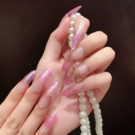 24pcs Extra Long Gradient Pink Clear False Nails Tips Sharp End Stiletto Acrylic Artificial Fake