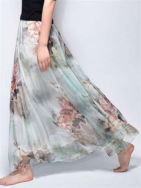 chiffon floral printed elastic waist bohemian maxi skirts for women maxi skirts for women