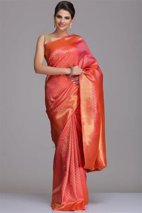 Pink And Orange Dual Shaded Kanjivaram Pure Silk Saree With Gold Zari Motifs And Border And Pallu