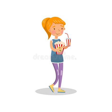 smiling girl holding popcorn and plastic cup of soda drink cartoon vector illustration stock