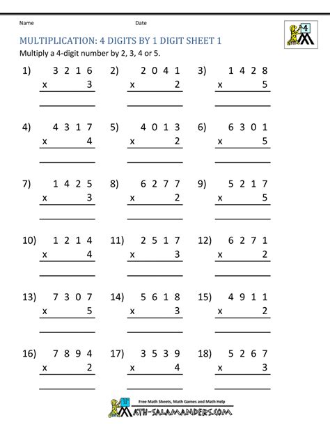 Add and subtract decimals with tenths, hundredths, and thousandths place values. Multiplication Sheet 4th Grade