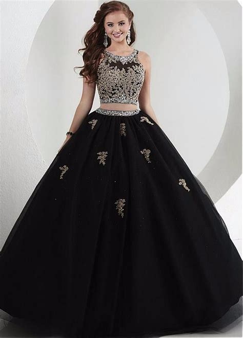 Black Tulle Gold Appliques Quincenera Dresses Prom Dresses Ball Gown