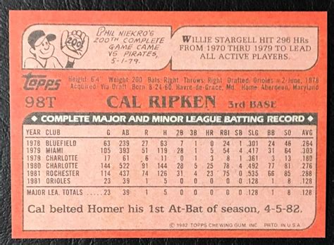 1982 Topps Traded 98t Cal Ripken Jr Rookie Reprint Mint Baltimore Orioles Sports Trading