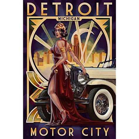 Detroit Michigan Deco Woman And Car 12x18 Signed Print Master Art