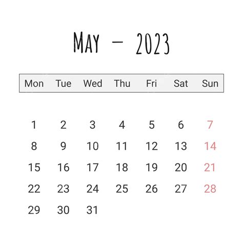 Simple Plain May 2023 Calendar 2023 Clipart May 2023 Mei 2023 Png