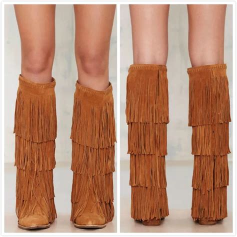 2016 Stylish Tan Suede Charming Fringe Detailing Ladies Tall Boots