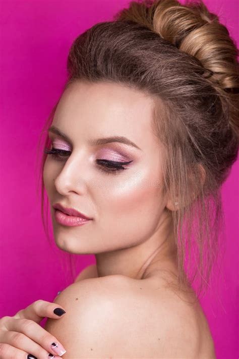 Close Up Portrait Of Beautiful Woman With Bright Make Up Stock Image