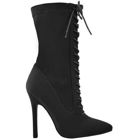Ladies Womens Lace Up Stretchy High Heel Stiletto Ankle Boots Party